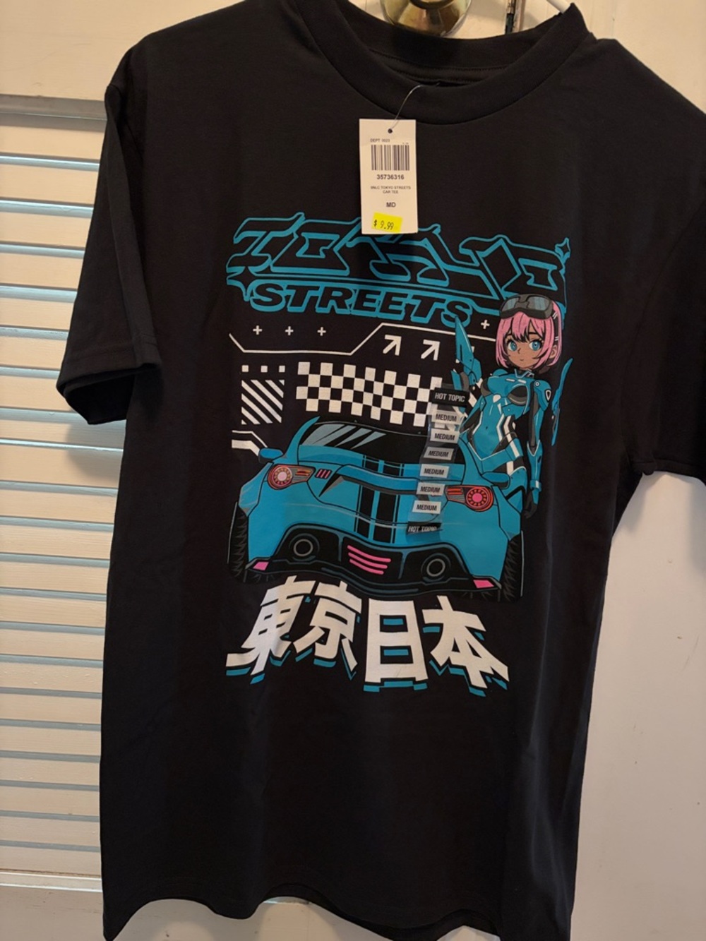 Hot Topic Black Tee with Teal Blue and Pink Graphic